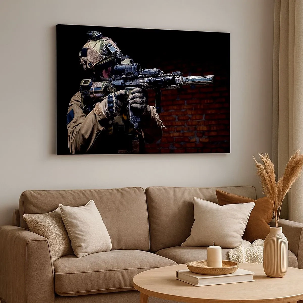 Bild auf Leinwand - Leinwandbild - Ein Soldat in voller Montur mit einem Gewehr - 70x50cm - Tödlich wirksam - Moderne Wanddekoration für Wohnzimmer und Schlafzimmer ARTTOR