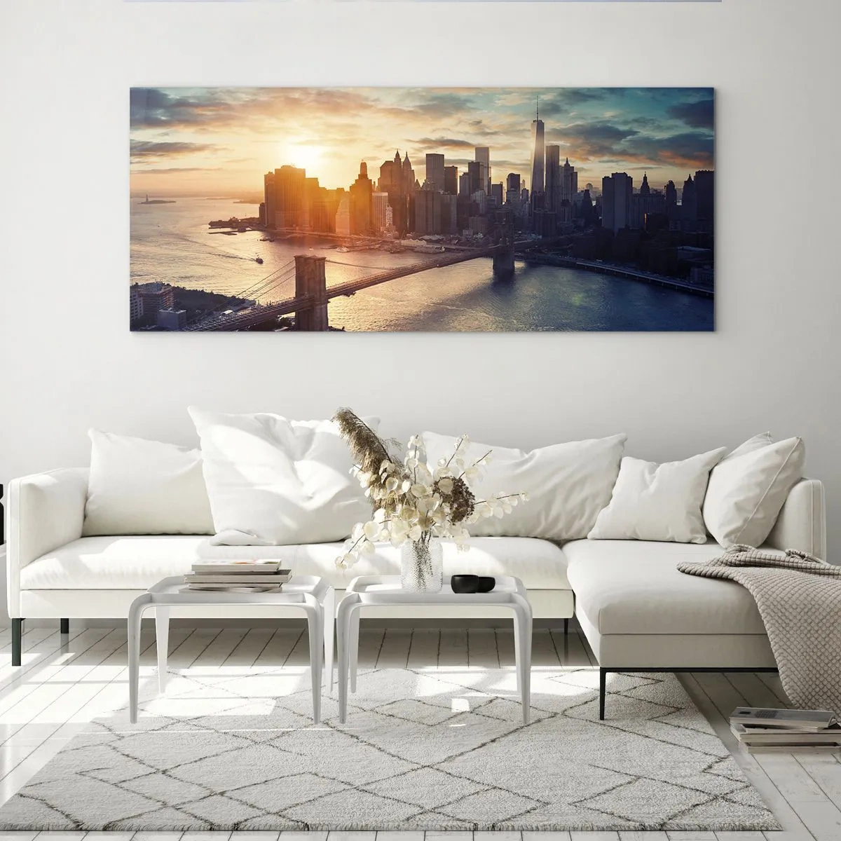 Glasbild - Bild auf glas - Panorama der Stadt mit der Brücke und dem Fluss im Licht der untergehenden Sonne - 120x50cm - Westliches Kulturdenkmal - Moderne Wanddekoration für Wohnzimmer und Schlafzimmer ARTTOR