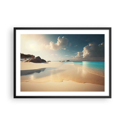 Poster in einem schwarzem Rahmen - Ein sonniger Strand mit blauem Meer und Felsen - 70x50cm - Erträumter Tag - Moderne Wanddekoration für Wohnzimmer und Schlafzimmer ARTTOR