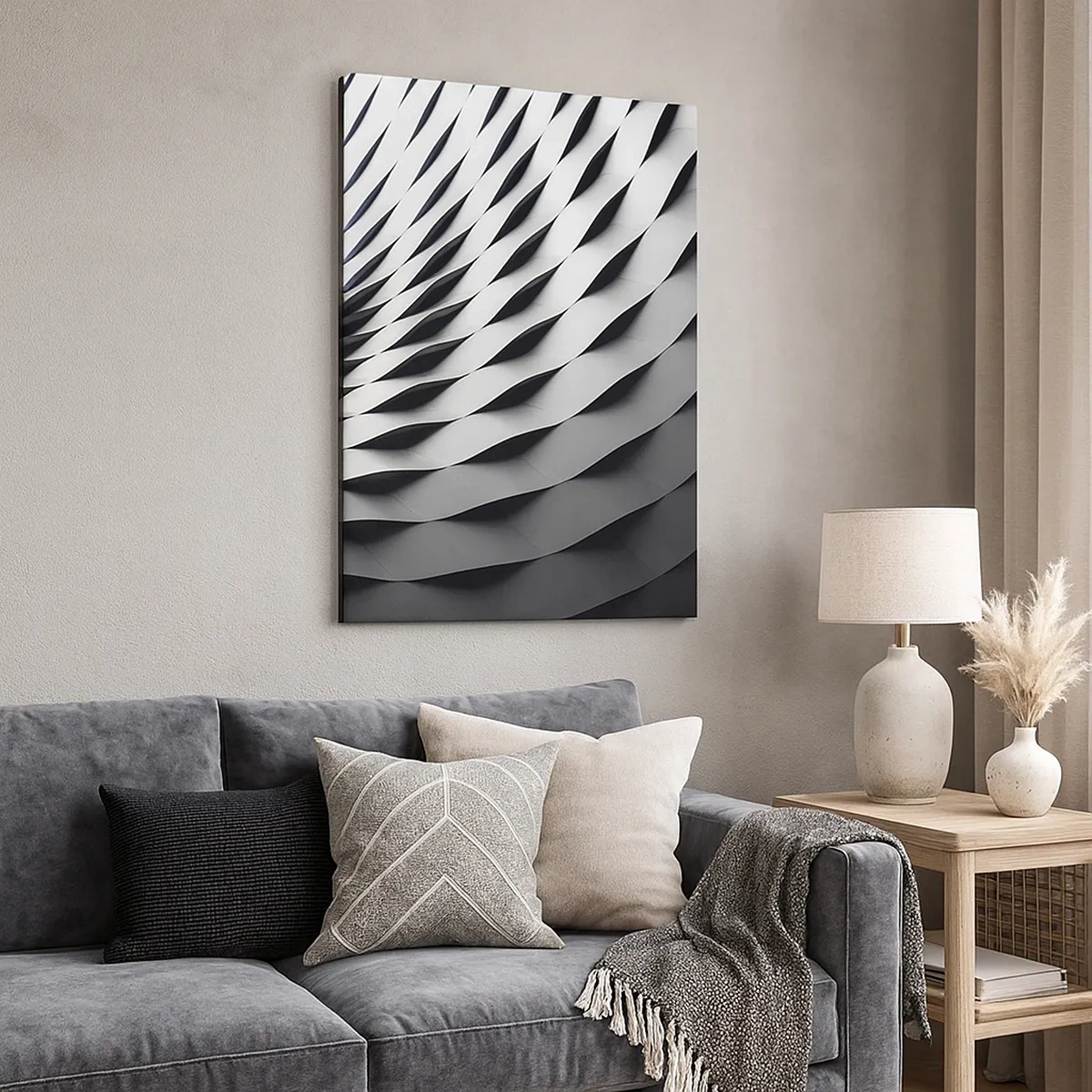 Bild auf Leinwand - Leinwandbild - Abstraktes geometrisches Muster in Schwarz-Weiß-Tönen - 50x70cm - Auf der Oberfläche der Wellen - Moderne Wanddekoration für Wohnzimmer und Schlafzimmer ARTTOR