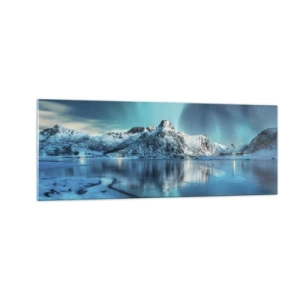Glasbild - Bild auf glas - Aurora Borealis über schneebedeckten Bergen und einem See - 140x50cm - Lichtnacht - Moderne Wanddekoration für Wohnzimmer und Schlafzimmer ARTTOR