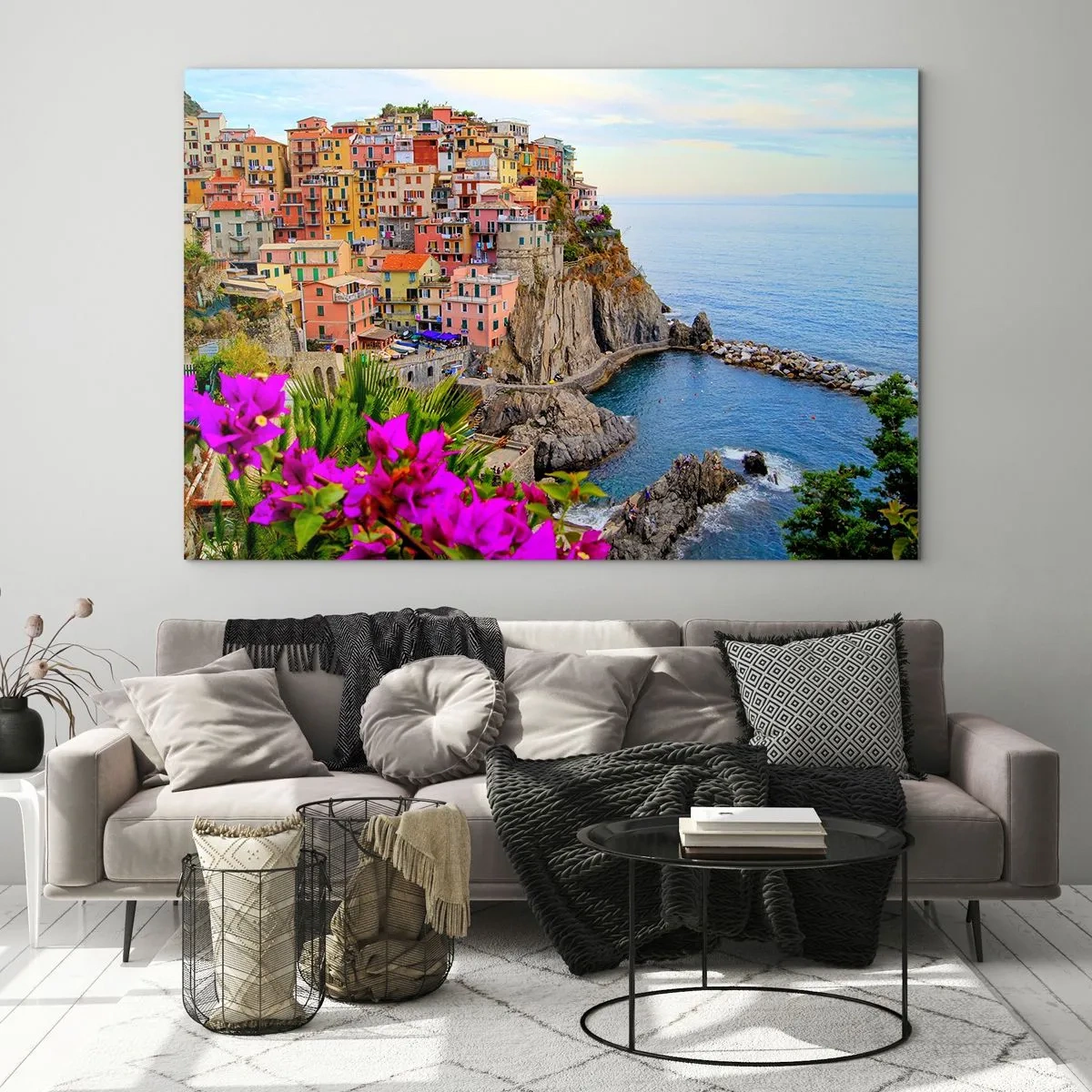 Glasbild - Bild auf glas - Bunte Häuser auf einer Klippe mit Blick auf das Meer - 120x80cm - Lachende Stadt - Moderne Wanddekoration für Wohnzimmer und Schlafzimmer ARTTOR