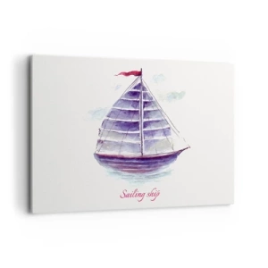 Bild auf Leinwand - Leinwandbild - Ein Aquarell eines Segelboots auf dem Wasser mit einer zarten Inschrift - 100x70cm - Volle Segel und ruhiges Wasser - Moderne Wanddekoration für Wohnzimmer und Schlafzimmer ARTTOR