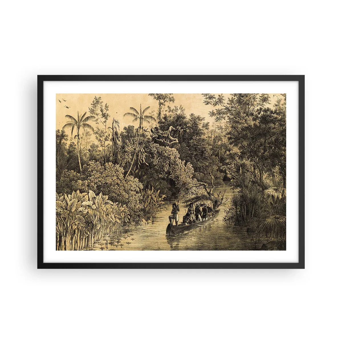 Poster in einem schwarzem Rahmen - Zeichnung eines Dschungels mit einem Boot auf einem Fluss - 70x50cm - Expedition zur Quelle - Moderne Wanddekoration für Wohnzimmer und Schlafzimmer ARTTOR