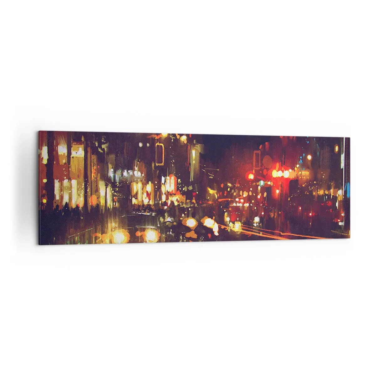Bild auf Leinwand - Leinwandbild - Nachtszene in der Stadt mit bunten Lichtern und Straßenreflexionen - 160x50cm - Eingetaucht in die Lichter der Nacht - Moderne Wanddekoration für Wohnzimmer und Schlafzimmer ARTTOR