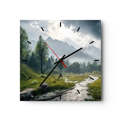 Wanduhr - Glasuhr - Eine Berglandschaft mit einem Fluss und Bäumen, umgeben von nebligen Bergen - 30x30cm - Hin und zurück - Moderne Wanddekoration für Wohnzimmer und Schlafzimmer ARTTOR