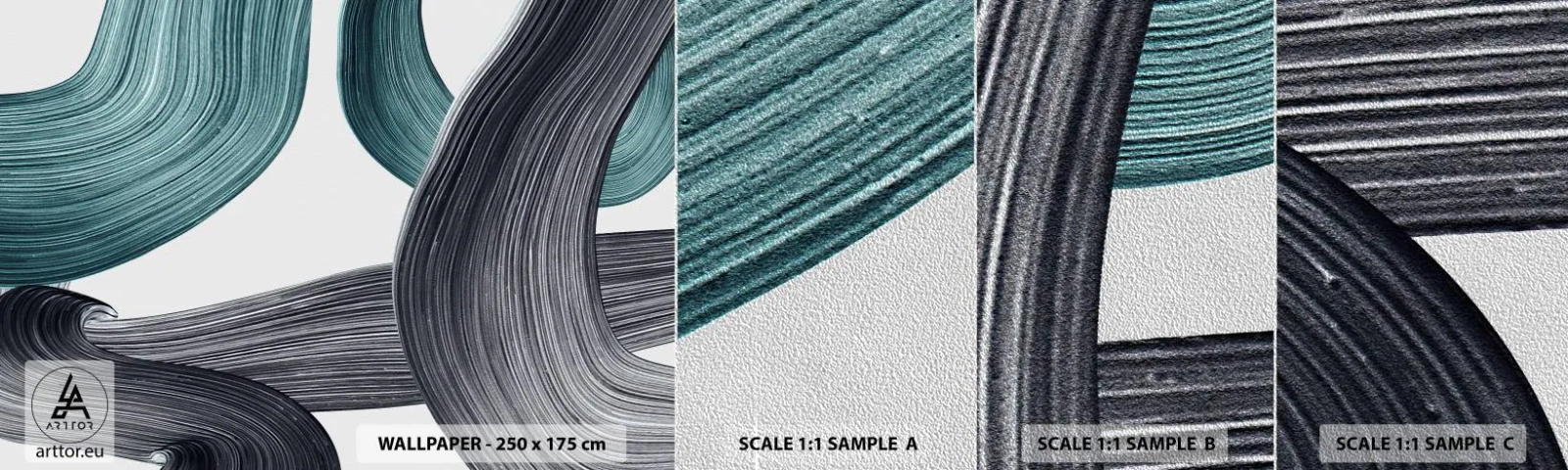 Fototapeten Muster Premium Sand - Smaragdgrüne und schwarze Pfade - Malen, Bürste, Minimalismus - 100x30 cm