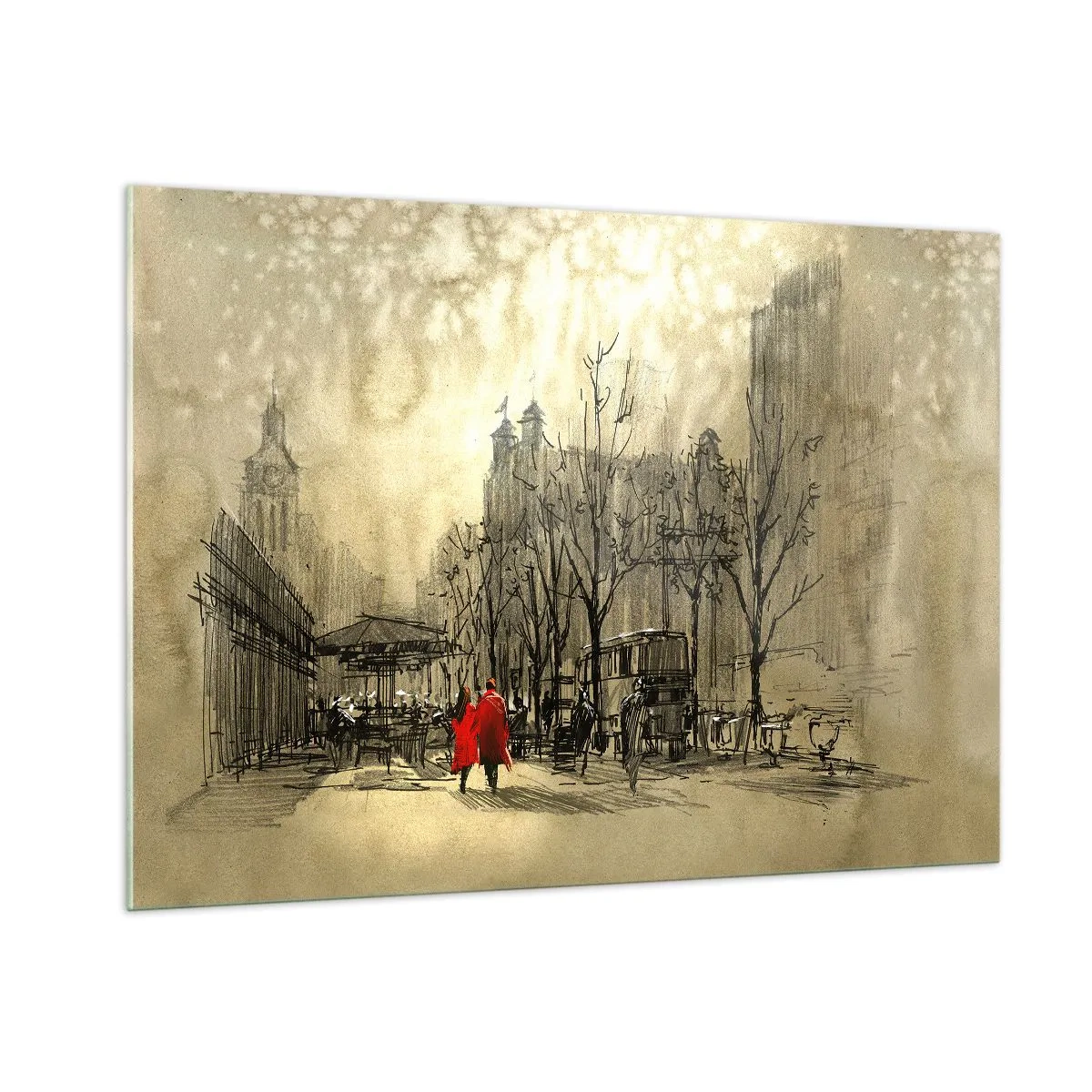 Glasbild - Bild auf glas - Ein Date im Londoner Nebel mit einem roten Mantel-Akzent - 100x70cm - Ein Date im Londoner Nebel - Moderne Wanddekoration für Wohnzimmer und Schlafzimmer ARTTOR