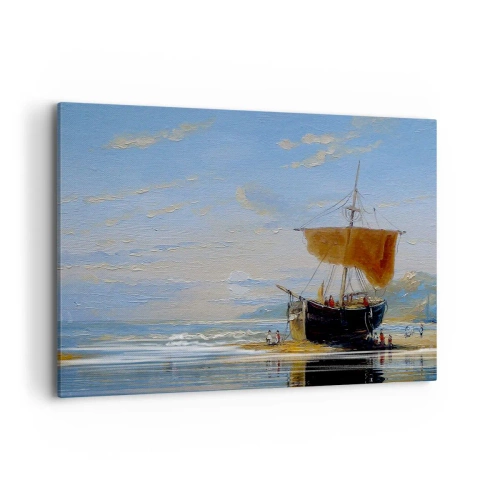 Bild auf Leinwand - Leinwandbild - Ein Schiff an der Küste an einem sonnigen Tag - 120x80cm - Wasser, Land, Luft - Moderne Wanddekoration für Wohnzimmer und Schlafzimmer ARTTOR