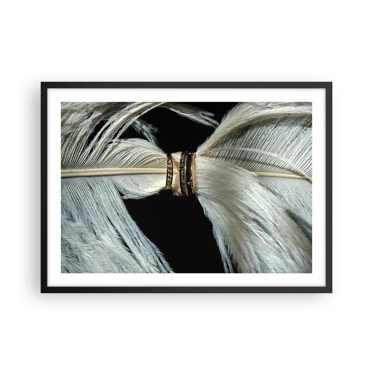 Poster in einem schwarzem Rahmen - Eine weiße Feder mit zwei goldenen Ringen auf schwarzem Hintergrund - 70x50cm - ... und ich werde dich nicht verlassen ... - Moderne Wanddekoration für Wohnzimmer und Schlafzimmer ARTTOR
