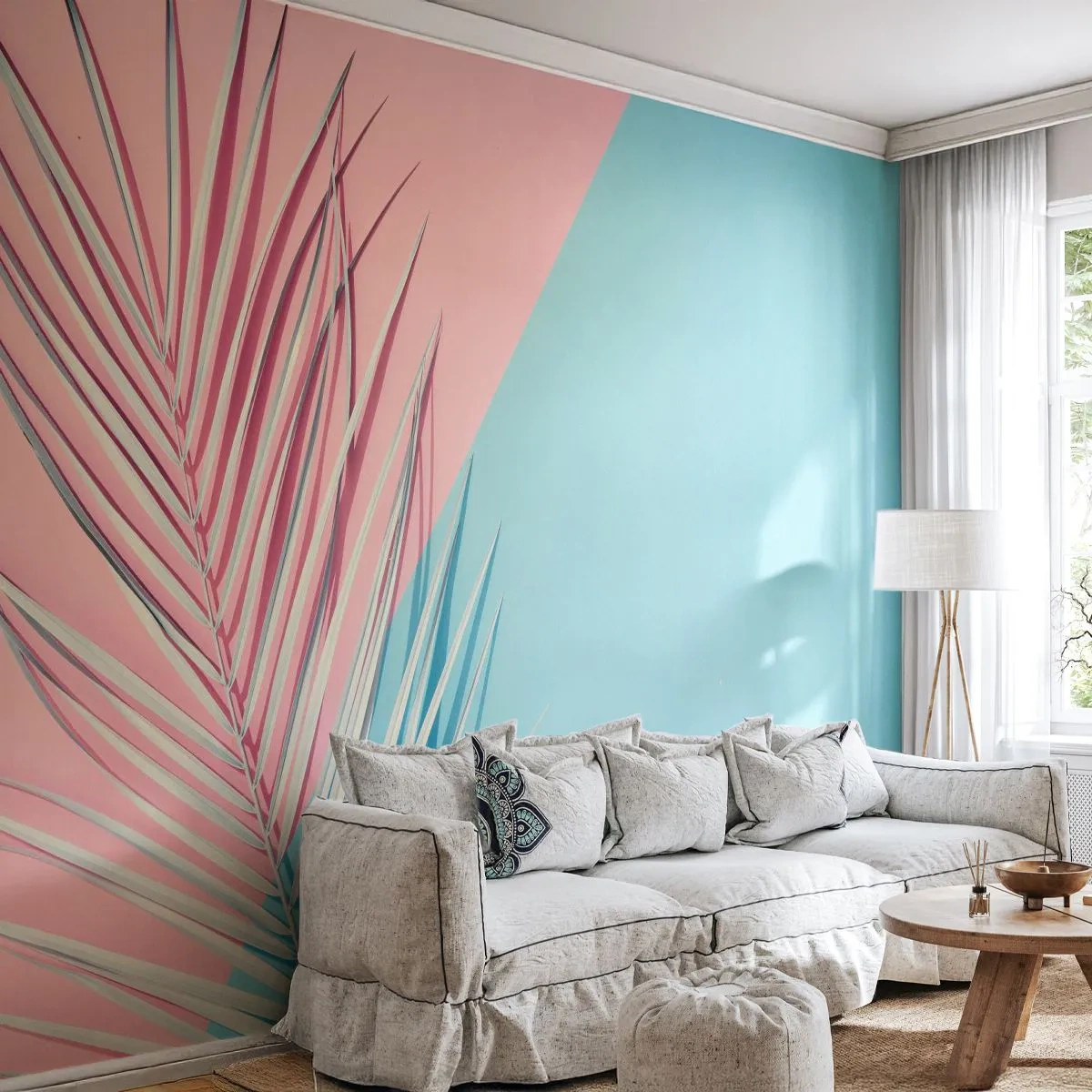 Fototapete Premium Sand - Palmblatt auf pastellrosa und blauem Hintergrund - 100x70cm - Tropischer Eindruck - Moderne Wanddekoration für Wohnzimmer und Schlafzimmer ARTTOR