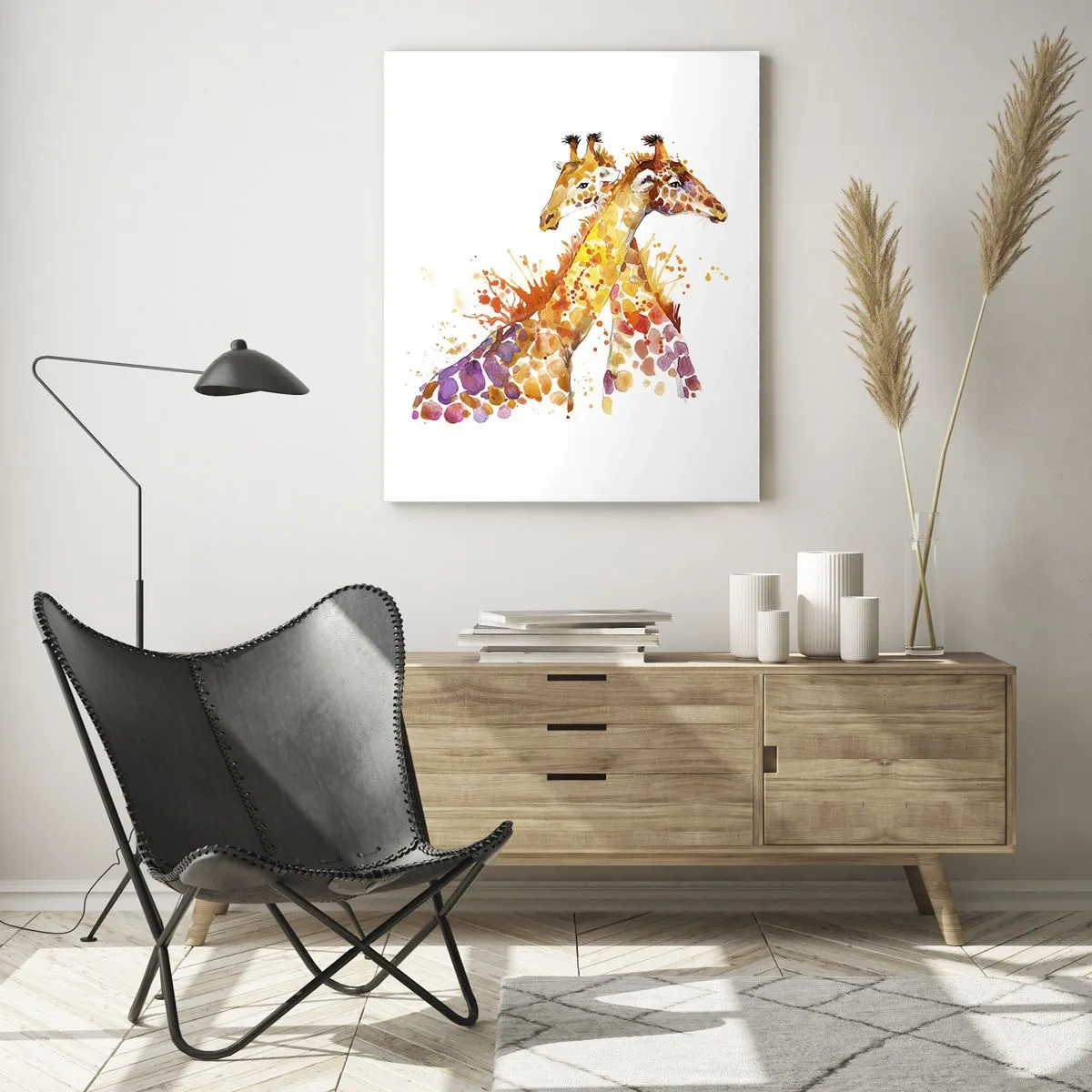 Glasbild - Bild auf glas - Aquarell Giraffen in bunten Farbtönen - 70x100cm - Ist es Freundschaft oder ist es Baby? - Moderne Wanddekoration für Wohnzimmer und Schlafzimmer ARTTOR