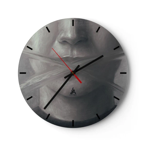 Wanduhr - Glasuhr - Schwarz-Weiß-Porträt mit einem mit einem Pinselkreuz bedeckten Mund - 30x30cm - Ohne ein Wort - Moderne Wanddekoration für Wohnzimmer, Küche und Schlafzimmer ARTTOR