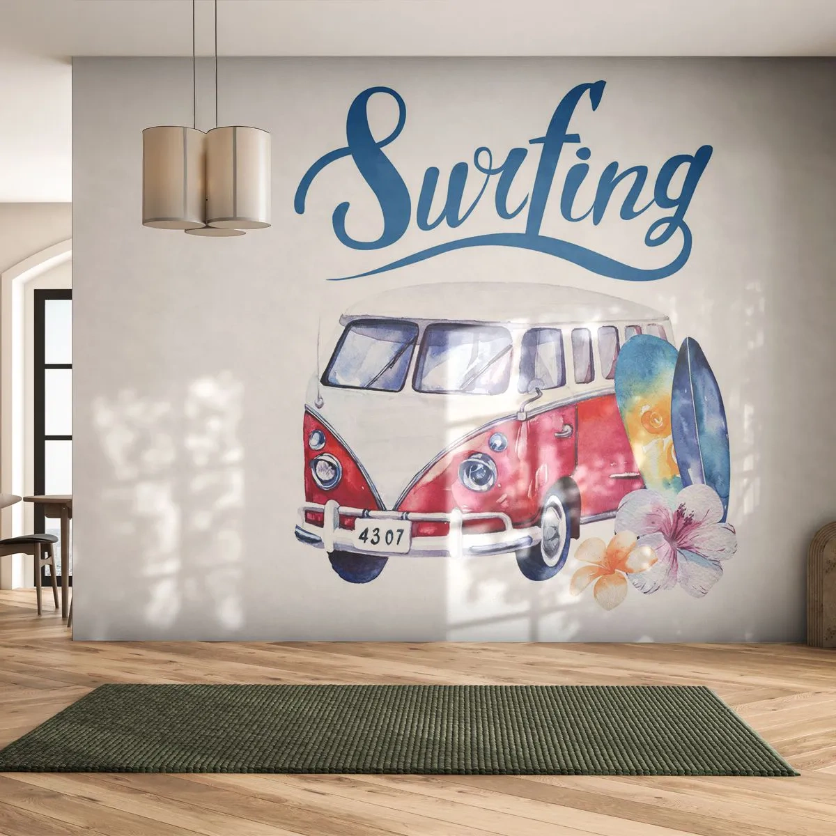 Fototapete Premium Sand - Gurke - ein Klassiker für einen Surfer - Oldtimer-Bus, Reisen, Surfbrett - 200x140 cm