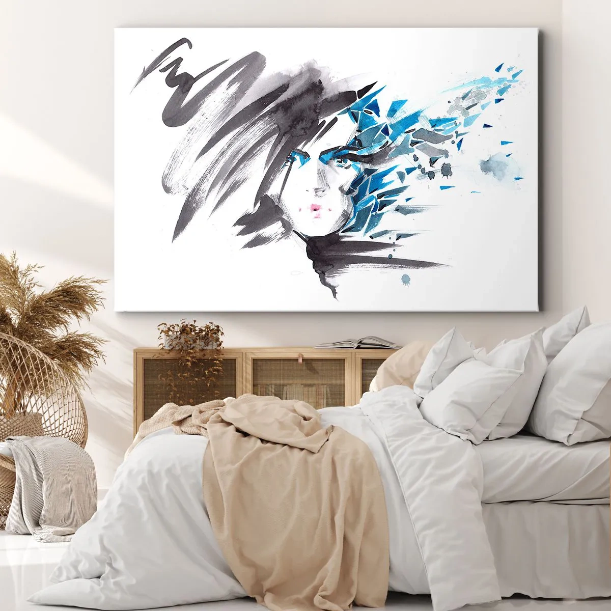Bild auf Leinwand - Leinwandbild - Künstlerische Aquarell-Gesichtsbemalung mit blauen Akzenten - 70x50cm - Sinnliches Portrait in Grau und Blau - Moderne Wanddekoration für Wohnzimmer und Schlafzimmer ARTTOR