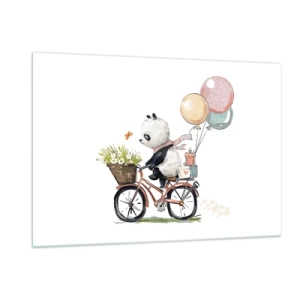 Glasbild - Bild auf glas - Ein Panda auf einem Fahrrad mit Luftballons und einem Blumenkorb. - 120x80cm - Glücklicher Tag - Moderne Wanddekoration für Wohnzimmer und Schlafzimmer ARTTOR