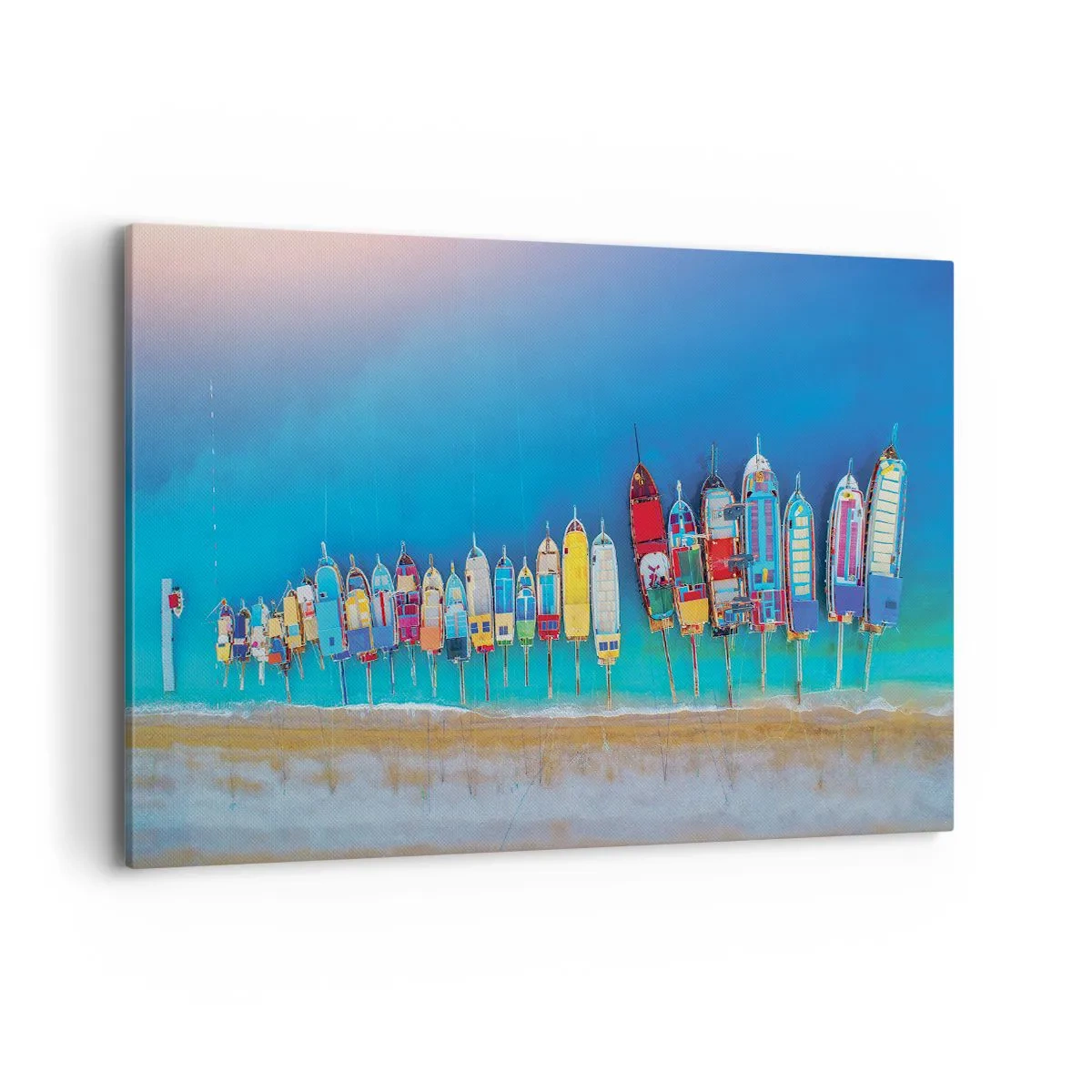 Bild auf Leinwand - Leinwandbild - Bunte Boote in einer Reihe am Ufer aufgereiht - 120x80cm - Aus der Vogelperspektive - Moderne Wanddekoration für Wohnzimmer und Schlafzimmer ARTTOR