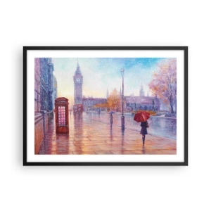 Poster in einem schwarzem Rahmen - Londoner Straße mit Big Ben an einem regnerischen Tag - 70x50cm - Londoner Herbsttag - Moderne Wanddekoration für Wohnzimmer und Schlafzimmer ARTTOR