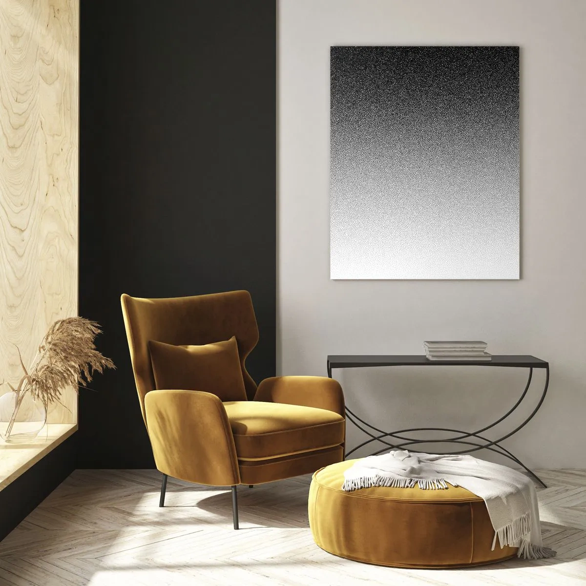 Glasbild - Bild auf glas - Schwarz-Weiß-Farbverlauf mit Körnigkeits- und Lichteffekten - 50x70cm - Dem Licht entgegen - Moderne Wanddekoration für Wohnzimmer und Schlafzimmer ARTTOR