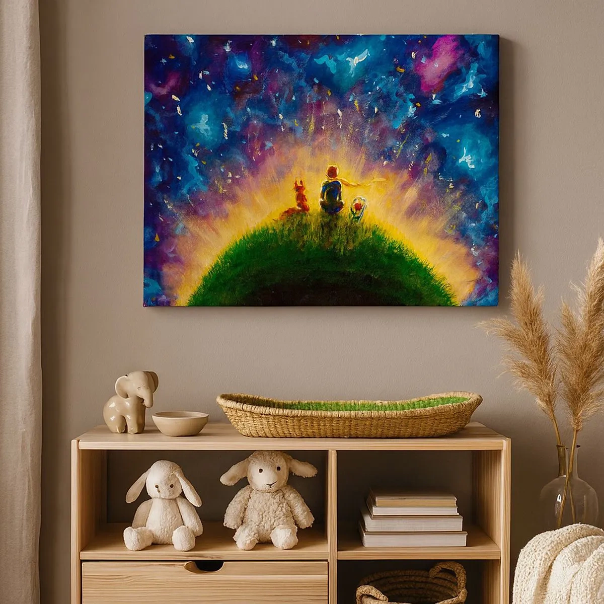 Bild auf Leinwand - Leinwandbild - Figuren auf einem grünen Hügel, umgeben von einem Sternenhimmel - 70x50cm - Liebe und Freundschaft - die ganze Welt - Moderne Wanddekoration für Wohnzimmer und Schlafzimmer ARTTOR