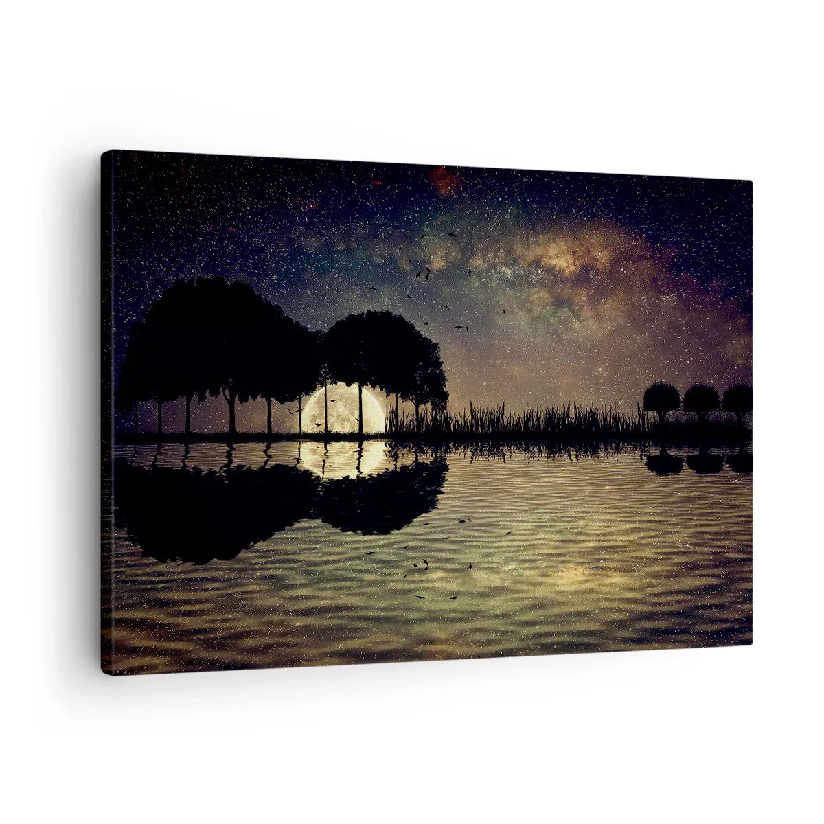 Bild auf Leinwand - Leinwandbild - Eine magische Nacht mit Bäumen und dem Mond, der sich im Wasser spiegelt - 70x50cm - Nacht am Ende der Welt - Moderne Wanddekoration für Wohnzimmer und Schlafzimmer ARTTOR