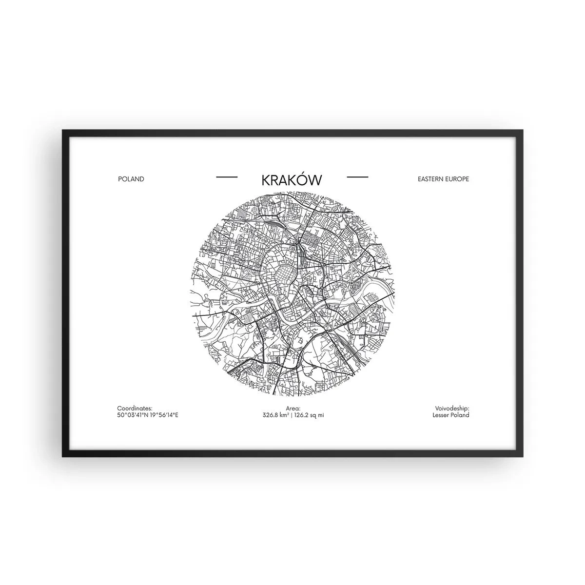 Poster in einem schwarzem Rahmen - Eine Karte von Krakau im minimalistischen Stil - 100x70cm - Anatomie von Krakau - Moderne Wanddekoration für Wohnzimmer und Schlafzimmer ARTTOR