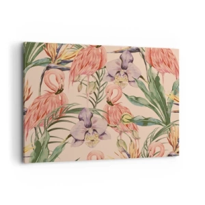 Bild auf Leinwand - Leinwandbild - Flamingos und tropische Blumen auf hellem Hintergrund - 100x70cm - Rosa Ballett in Blumen - Moderne Wanddekoration für Wohnzimmer und Schlafzimmer ARTTOR
