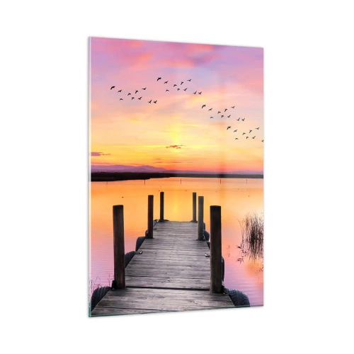 Glasbild - Bild auf glas - Lakeside Pier bei Sonnenuntergang mit Vögeln am Himmel - 50x70cm - Violette stille Morgendämmerung - Moderne Wanddekoration für Wohnzimmer und Schlafzimmer ARTTOR