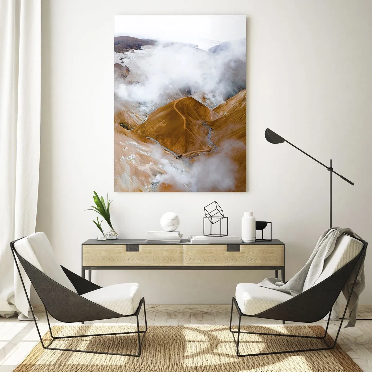 Glasbild - Bild auf glas - Eine Berglandschaft mit Dampf in einem rauen Klima - 70x100cm - Islands rohe Schönheit - Moderne Wanddekoration für Wohnzimmer und Schlafzimmer ARTTOR