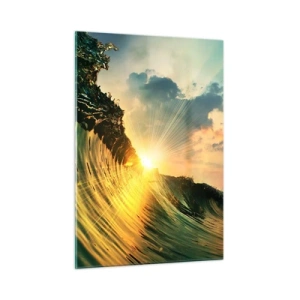 Glasbild - Bild auf glas - Die untergehende Sonne beleuchtet die Meereswellen - 50x70cm - Surfer, wo bist du? - Moderne Wanddekoration für Wohnzimmer und Schlafzimmer ARTTOR