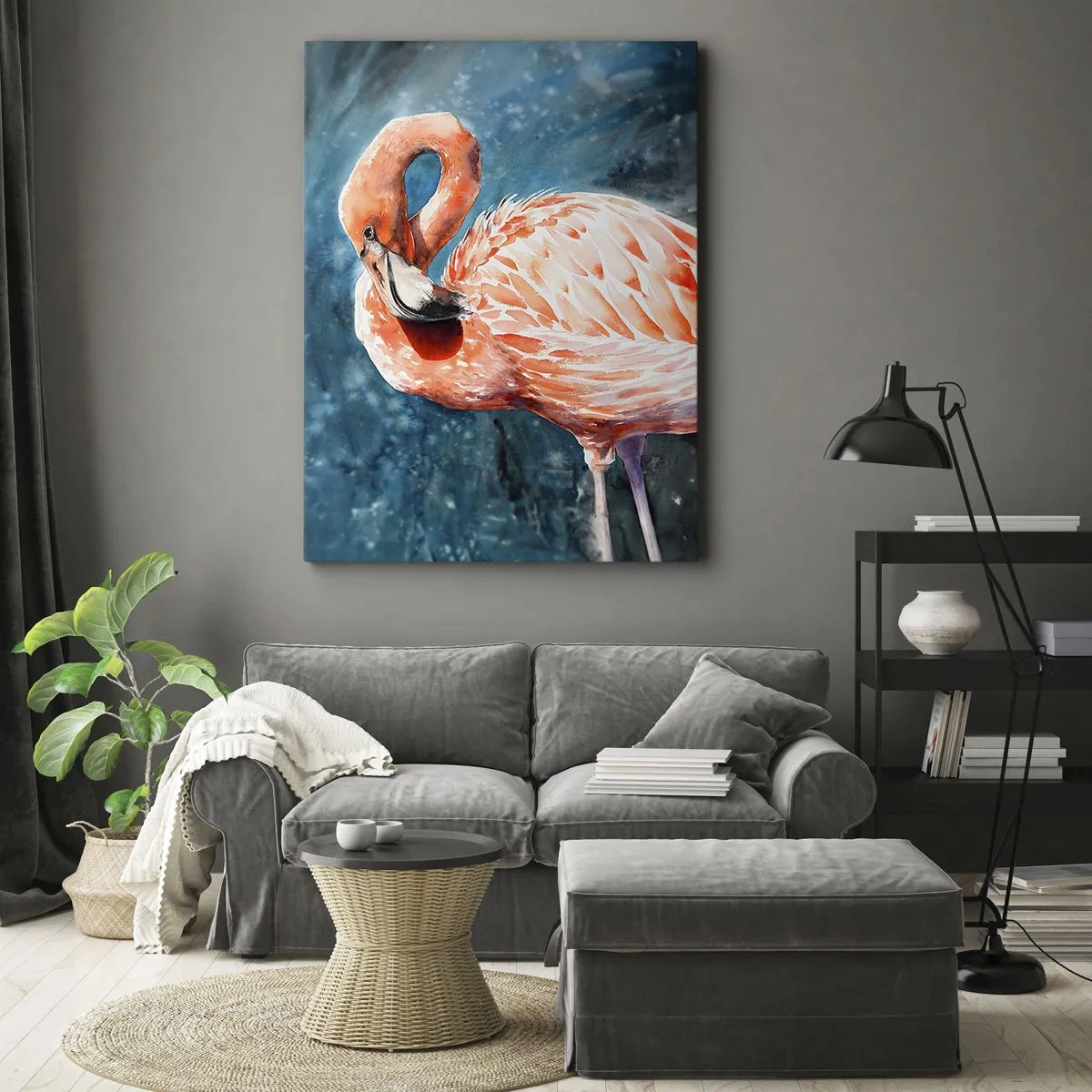 Bild auf Leinwand - Leinwandbild - Ein rosa Flamingo auf einem aquarellblauen Hintergrund - 80x120cm - Von Natur aus dekorativ - Moderne Wanddekoration für Wohnzimmer und Schlafzimmer ARTTOR