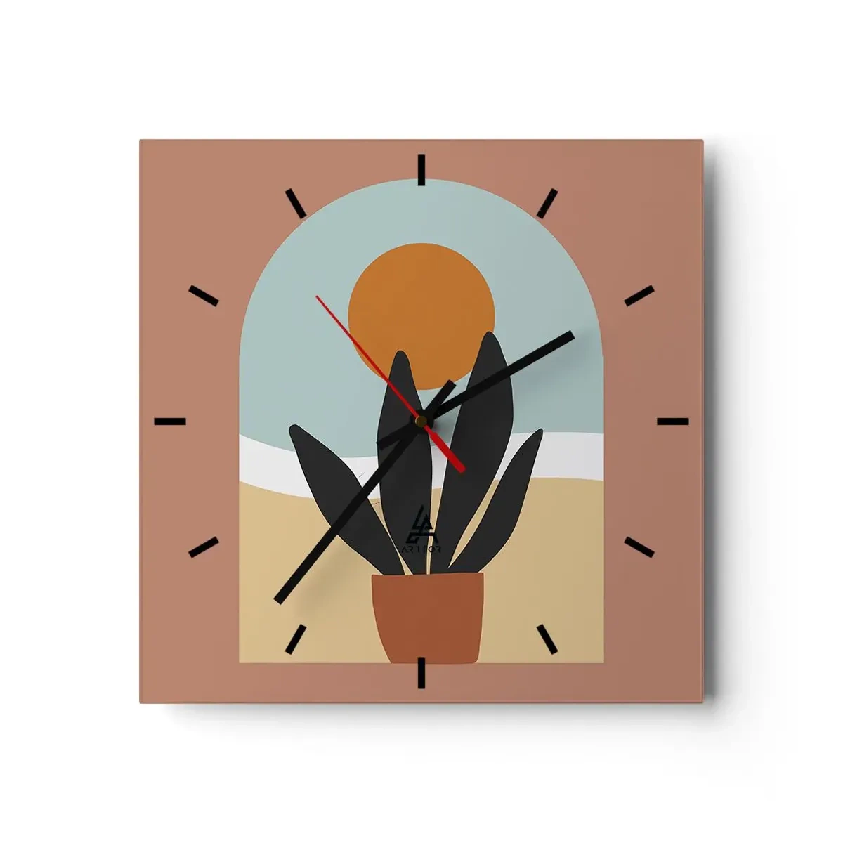 Wanduhr - Glasuhr - Eine schwarze Pflanze in einem Topf gegen die Sonne - 30x30cm - Kleine Freuden - Moderne Wanddekoration für Wohnzimmer und Schlafzimmer ARTTOR