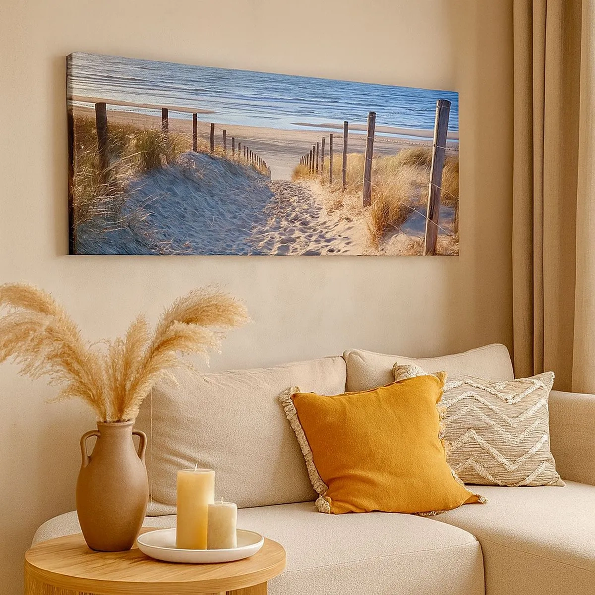 Bild auf Leinwand - Leinwandbild - Das Rauschen des Meeres, der Gesang der Vögel, ein wilder Strand im Gras ... - 100x40 cm