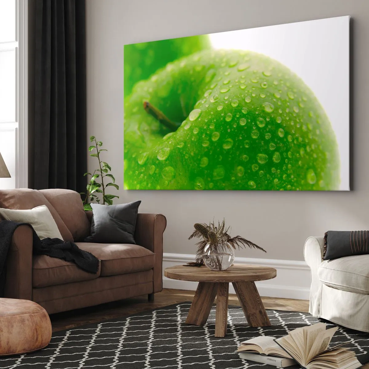 Bild auf Leinwand - Leinwandbild - Nahaufnahme eines grünen Apfels mit Wassertropfen - 70x50cm - Grüne kühle Frische - Moderne Wanddekoration für Wohnzimmer und Schlafzimmer ARTTOR