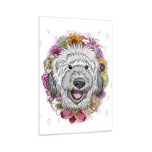 Glasbild - Bild auf glas - Ein Hund umgeben von bunten Blumen - 70x100cm - Welpenfreude - Moderne Wanddekoration für Wohnzimmer und Schlafzimmer ARTTOR