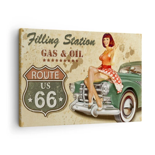 Bild auf Leinwand - Leinwandbild - Retro-Route 66-Poster mit Pin-up-Girl und Auto - 70x50cm - Die großen Jahre der 40er. - Moderne Wanddekoration für Wohnzimmer und Schlafzimmer ARTTOR