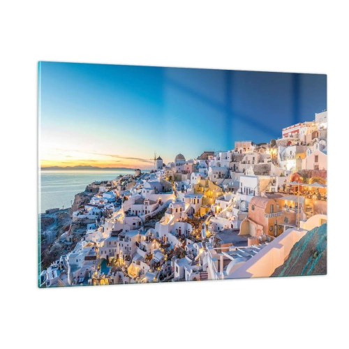 Glasbild - Bild auf glas - Panorama von Santorin bei Sonnenuntergang - 120x80cm - Die Essenz des Griechischen - Moderne Wanddekoration für Wohnzimmer und Schlafzimmer ARTTOR