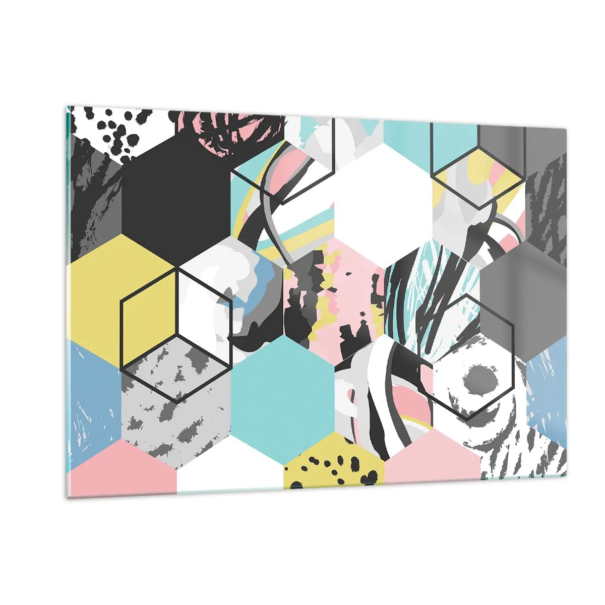 Glasbild - Bild auf glas - Bunte Würfel und Sechsecke in moderner Komposition - 120x80cm - Sechsecke und Würfel in sechs Farben - Moderne Wanddekoration für Wohnzimmer und Schlafzimmer ARTTOR