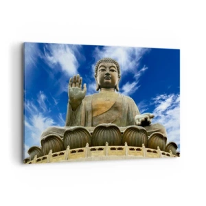 Bild auf Leinwand - Leinwandbild - Eine monumentale Buddha-Statue vor einem blauen Himmel mit Wolken - 120x80cm - Leben ohne Angst - Moderne Wanddekoration für Wohnzimmer und Schlafzimmer ARTTOR