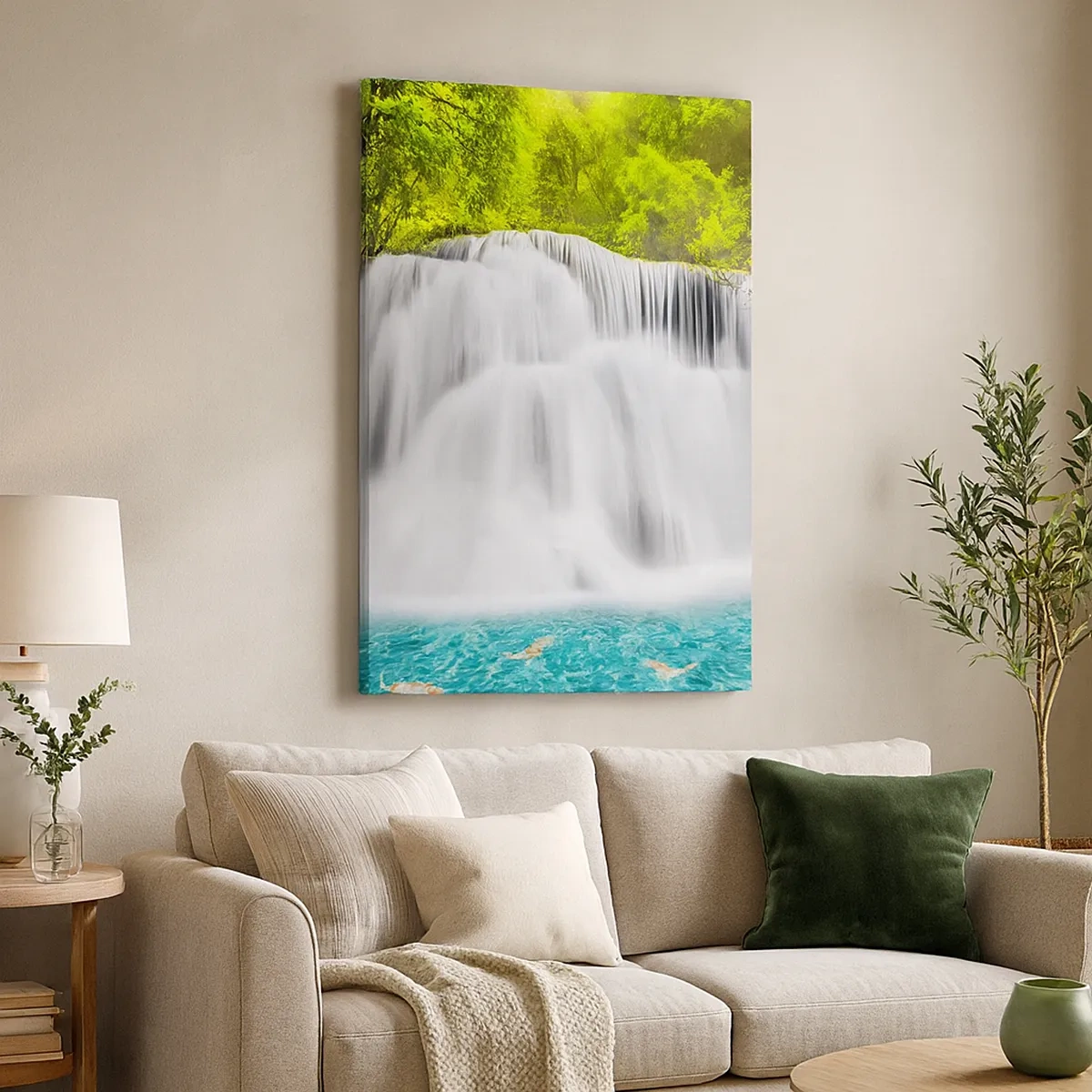 Bild auf Leinwand - Leinwandbild - Ein Wasserfall in einem tropischen Wald mit türkisfarbenem Wasser - 50x70cm - Eine schaumige Kaskade von grün bis azurblau - Moderne Wanddekoration für Wohnzimmer und Schlafzimmer ARTTOR