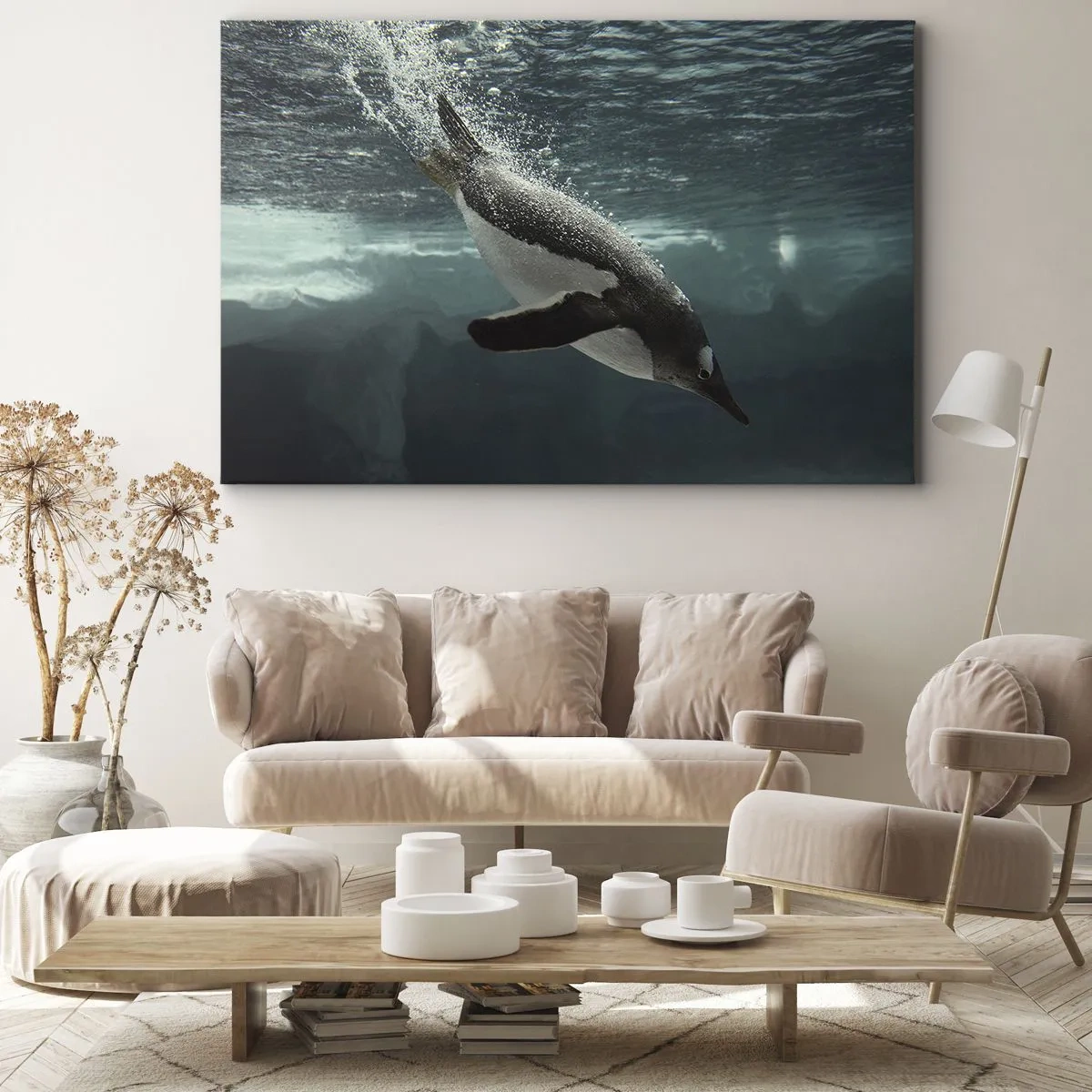 Bild auf Leinwand - Leinwandbild - Ein Pinguin taucht in die Tiefen des eisigen Wassers - 120x80cm - Willkommen in meiner Welt - Moderne Wanddekoration für Wohnzimmer und Schlafzimmer ARTTOR