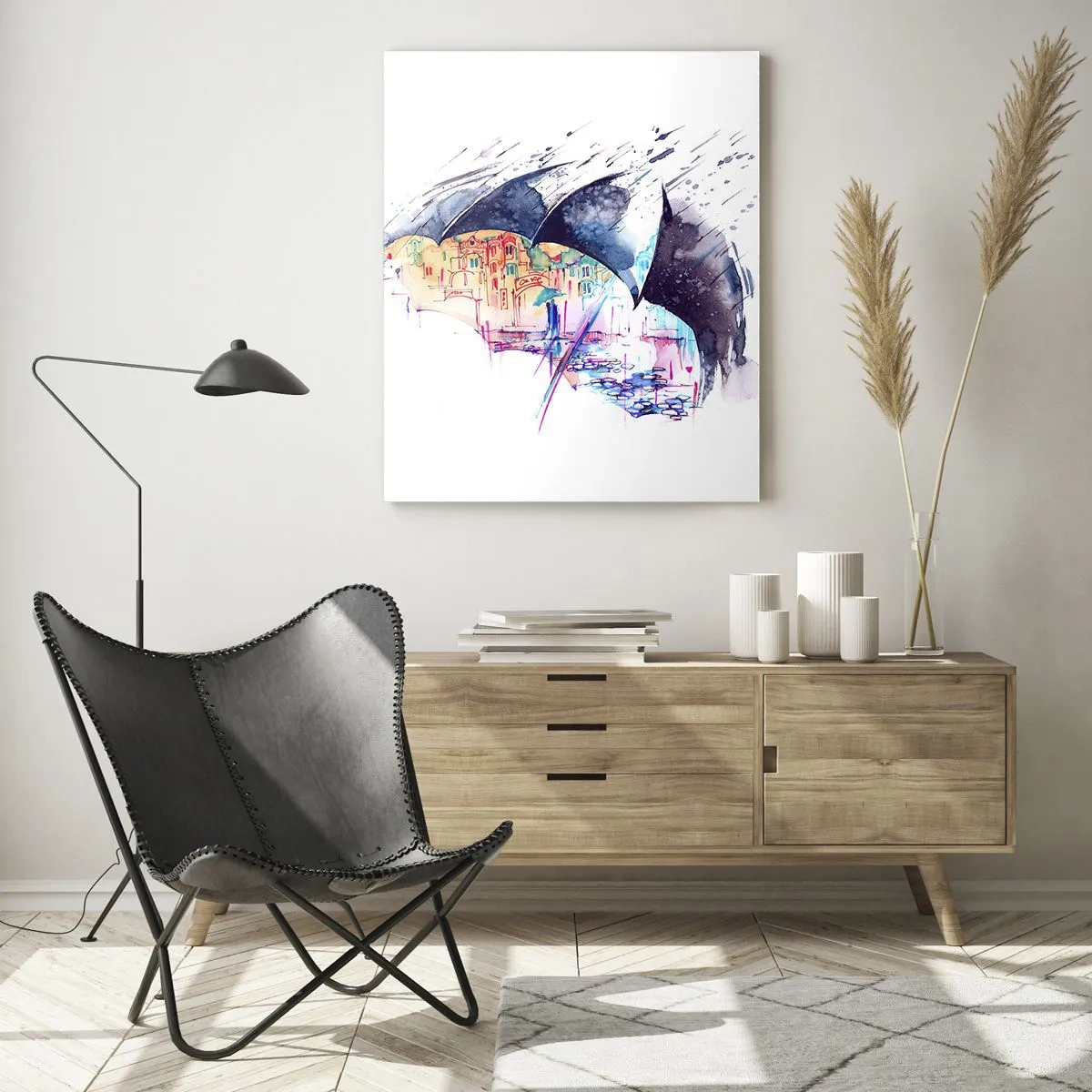 Glasbild - Bild auf glas - Eine bunte Stadt im Hintergrund unter einem schwarzen Regenschirm - 50x70cm - Im Regen spazieren gehen - Moderne Wanddekoration für Wohnzimmer und Schlafzimmer ARTTOR