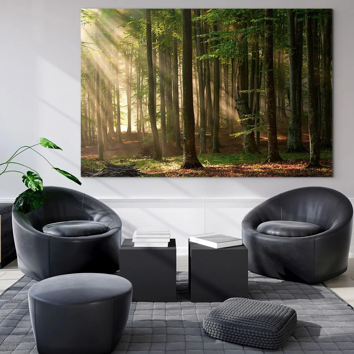 Glasbild - Bild auf glas - Sonnenstrahlen scheinen durch die Bäume im Wald - 100x70cm - Strahlend an einem Frühlingsmorgen - Moderne Wanddekoration für Wohnzimmer und Schlafzimmer ARTTOR