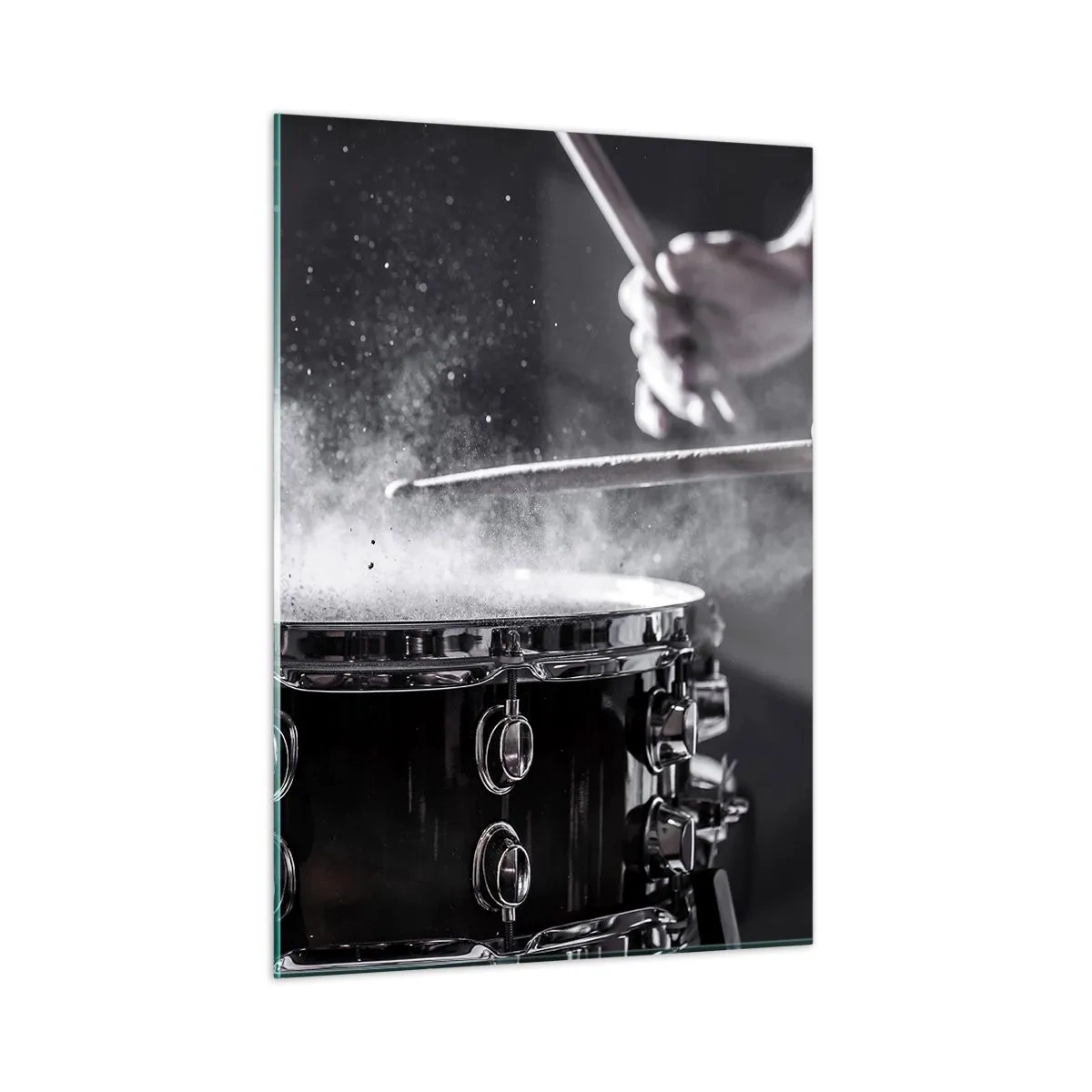 Glasbild - Bild auf glas - Trommeln in Bewegung mit schwebendem Pulver - 50x70cm - Der Puls der Musik - Moderne Wanddekoration für Wohnzimmer und Schlafzimmer ARTTOR