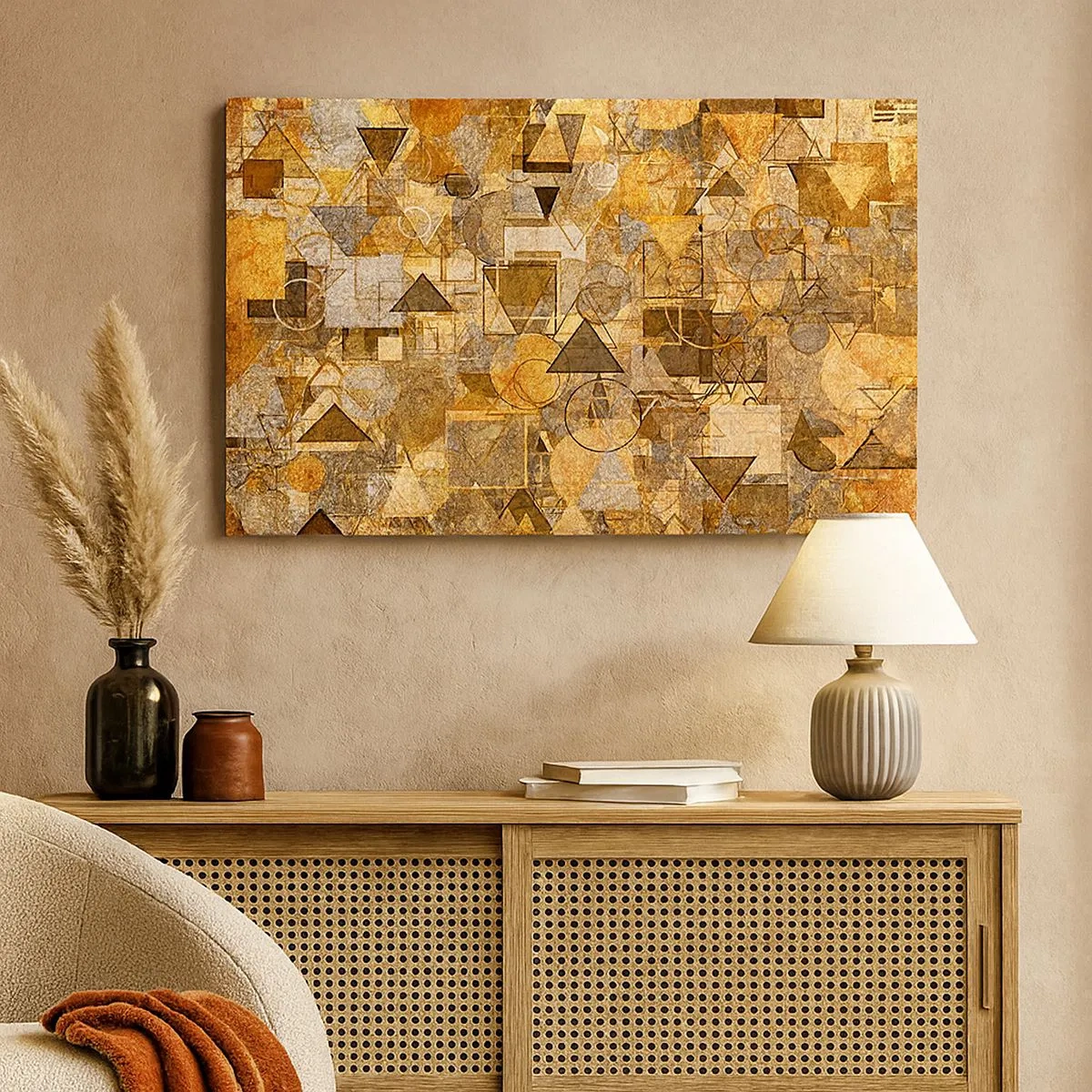 Bild auf Leinwand - Leinwandbild - Abstrakte geometrische Muster in Goldtönen - 70x50cm - Die Welt in Form - Moderne Wanddekoration für Wohnzimmer und Schlafzimmer ARTTOR