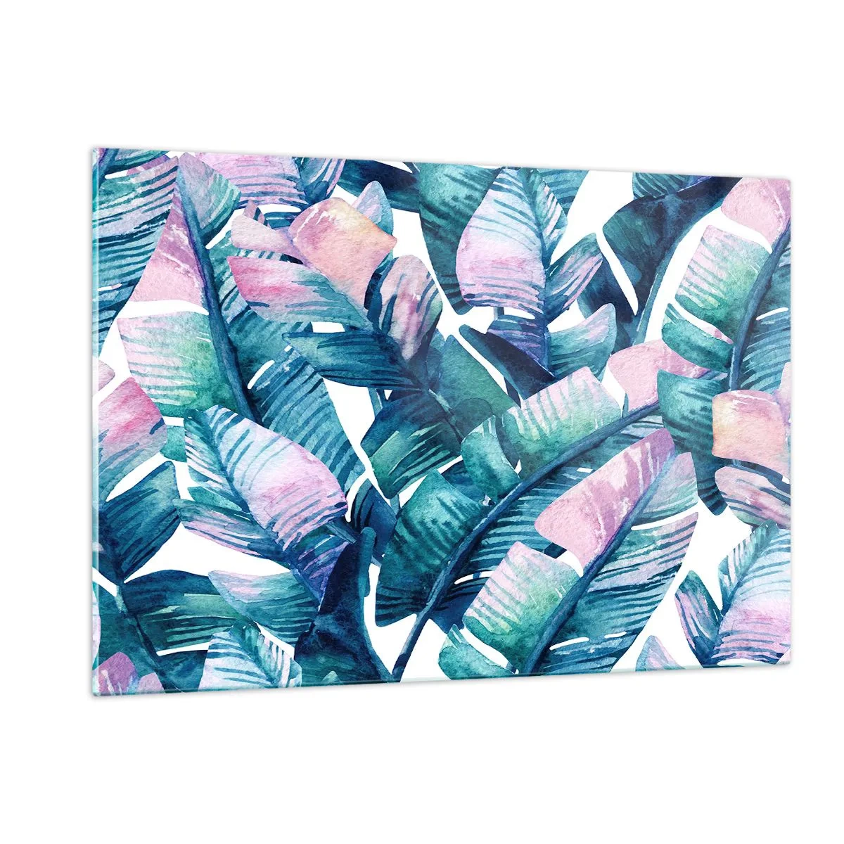 Glasbild - Bild auf glas - Bananenblätter in Pastelltönen auf weißem Hintergrund - 120x80cm - In einem Bananenhain - Moderne Wanddekoration für Wohnzimmer und Schlafzimmer ARTTOR