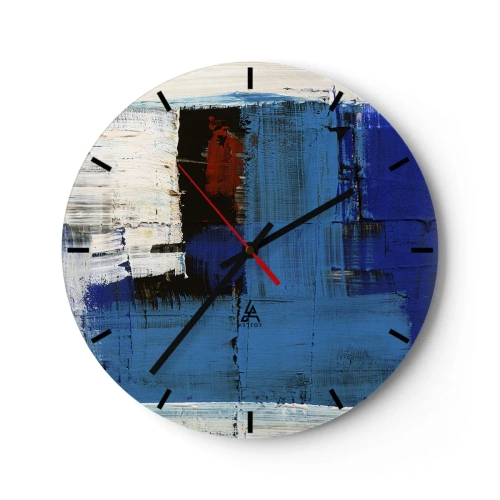 Wanduhr - Glasuhr - Moderne Abstraktion mit dominantem Blau und roten Akzenten. - 30x30cm - Geheimnis ist blau - Moderne Wanddekoration für Wohnzimmer, Küche und Schlafzimmer ARTTOR