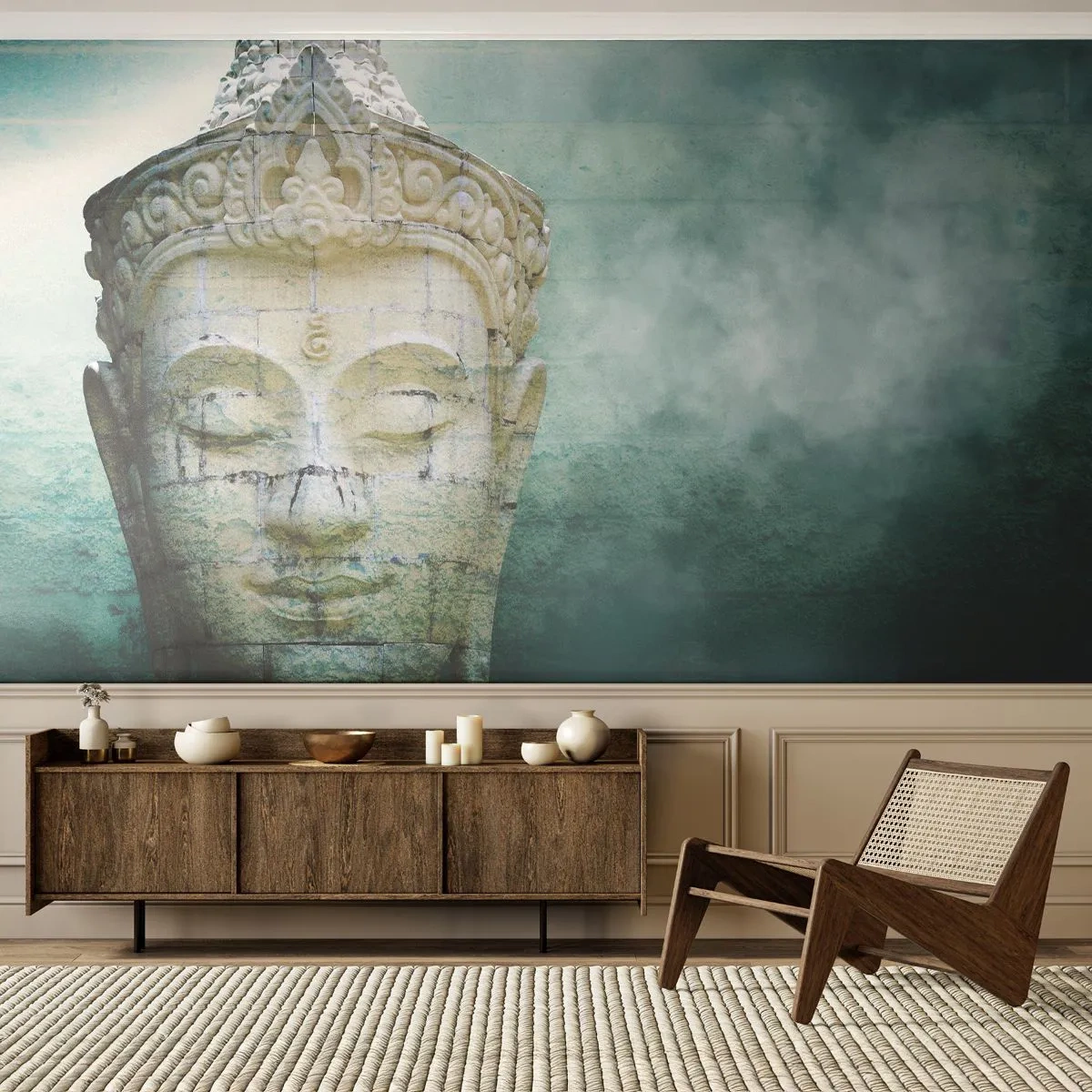 Fototapete Premium Sand - Steinskulptur eines meditierenden Buddha - 100x70cm - Auf der Suche nach dem Licht - Moderne Wanddekoration für Wohnzimmer und Schlafzimmer ARTTOR