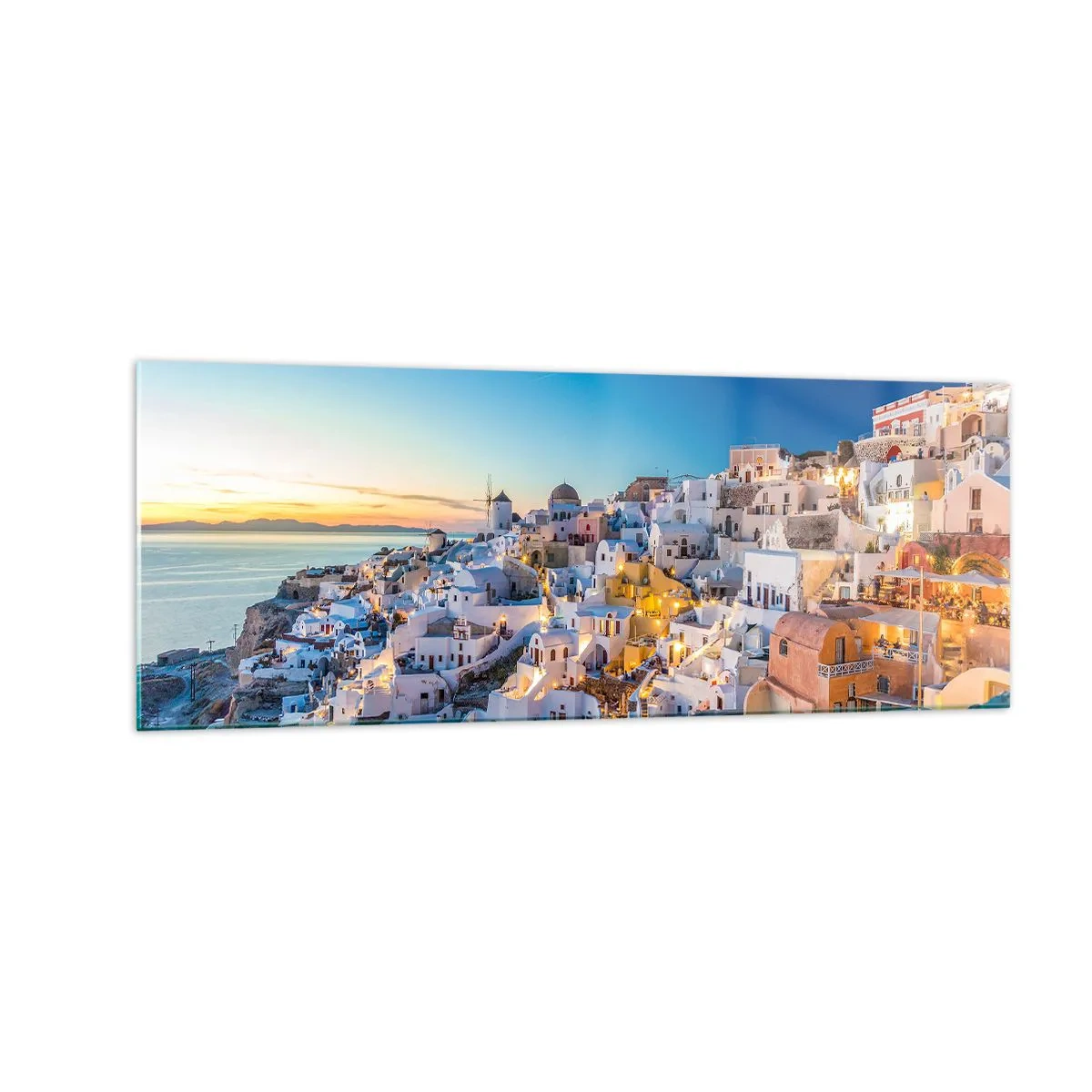Glasbild - Bild auf glas - Blick auf eine griechische Stadt bei Sonnenuntergang - 140x50cm - Die Essenz des Griechischen - Moderne Wanddekoration für Wohnzimmer und Schlafzimmer ARTTOR