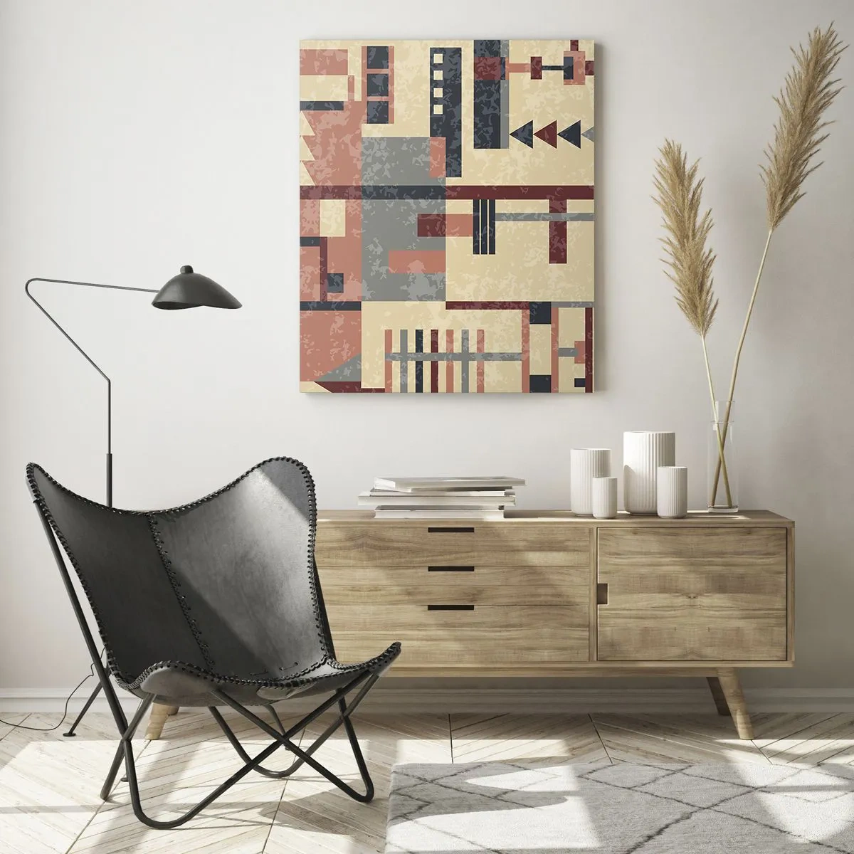 Glasbild - Bild auf glas - Geometrisches Muster in Pastelltönen von Beige, Rot und Grau - 70x100cm - Eine Kombination aus Vertikalen und Ebenen - Moderne Wanddekoration für Wohnzimmer und Schlafzimmer ARTTOR
